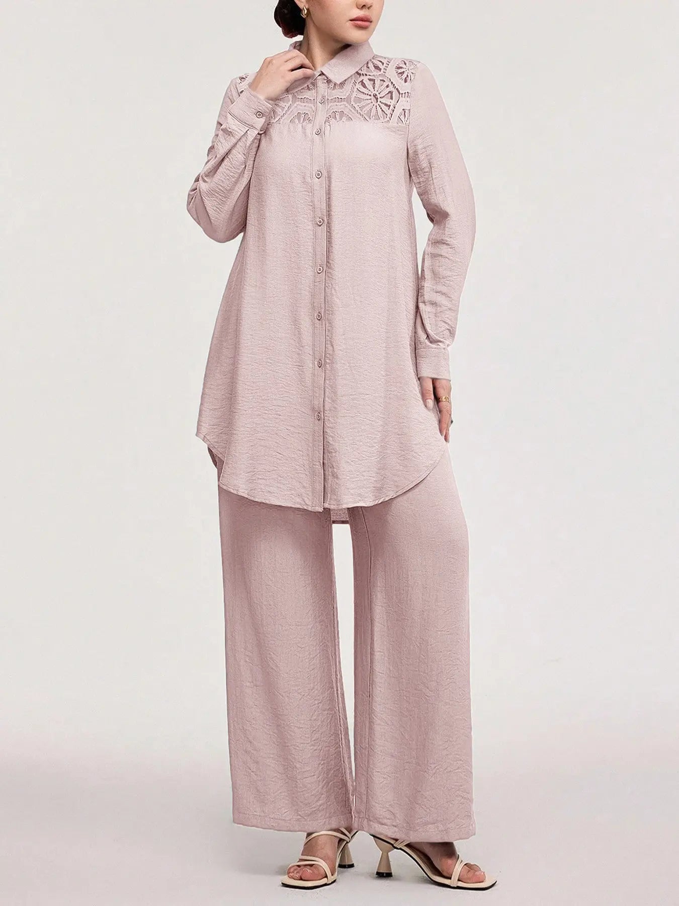 Women's Casual Two-Piece Set, Hollow-Out Top and Loose-Fit Pants