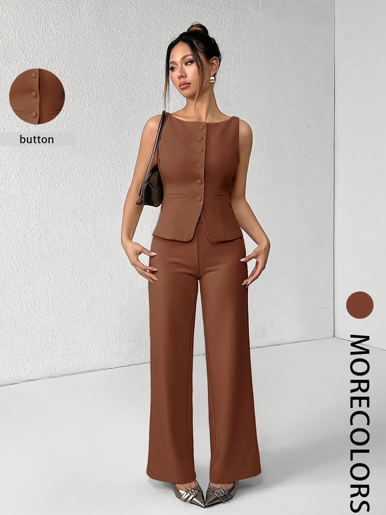 Women's Solid Button Front Sleeveless Tank Top & Wide Leg Pants Set, Casual Elegant Chic Minimalist Fashion Two-piece Set for Summer, Women's Clothing for Daily Wear, Suits, Office Siren Outfits, Casual Matching Set, Corporate Outfits Women
