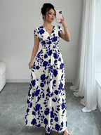 Elenzga Women V-Neck Allover Print Casual Long Dress