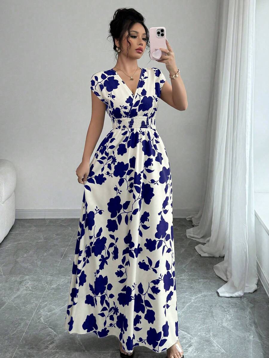 Elenzga Women V-Neck Allover Print Casual Long Dress
