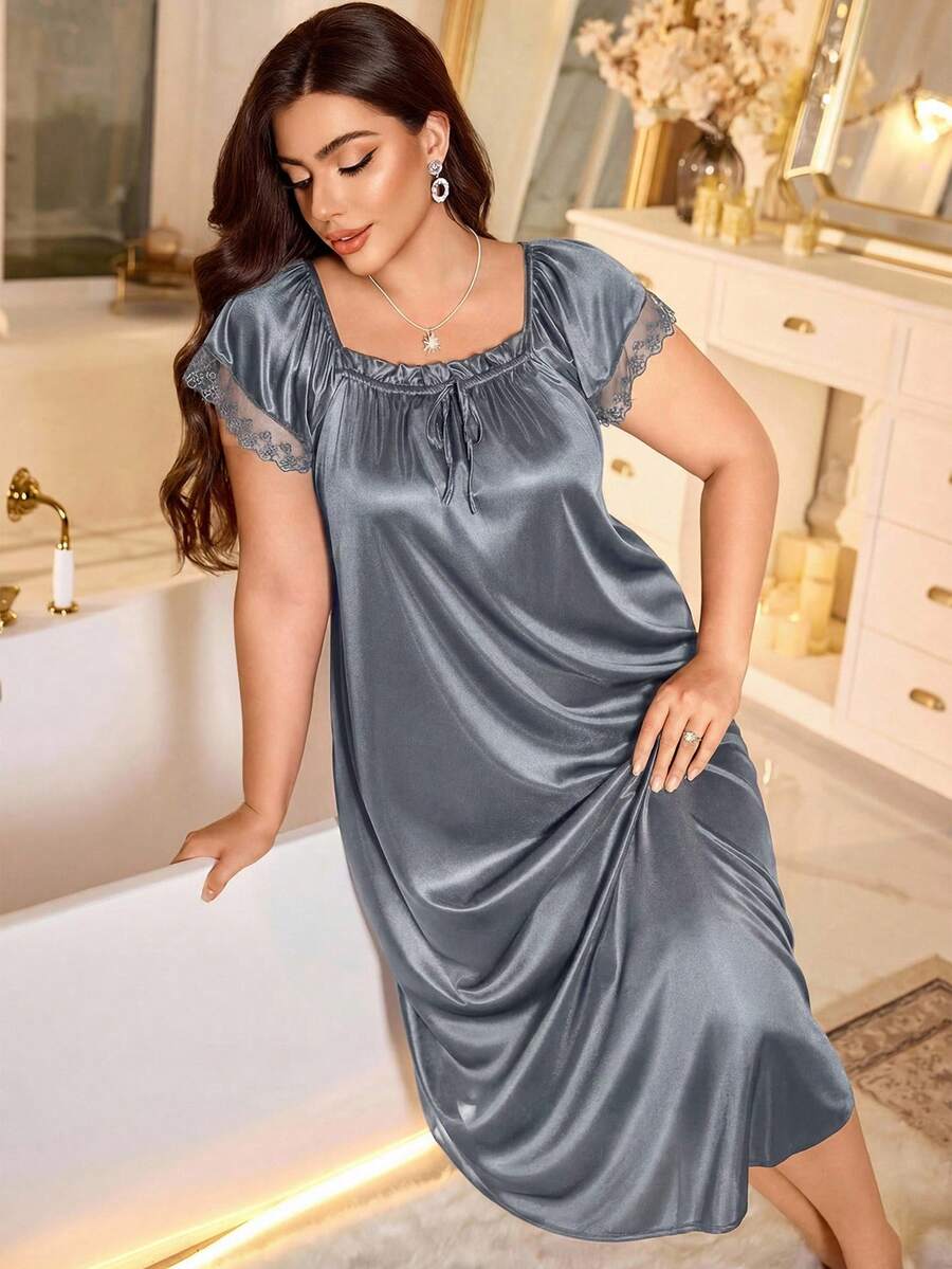 MuseNap CURVE Plus Size Women Pleated Square Collar Embroidered Satin Nightgown