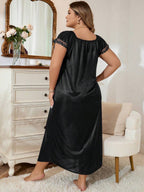 MuseNap CURVE Plus Size Women Pleated Square Collar Embroidered Satin Nightgown