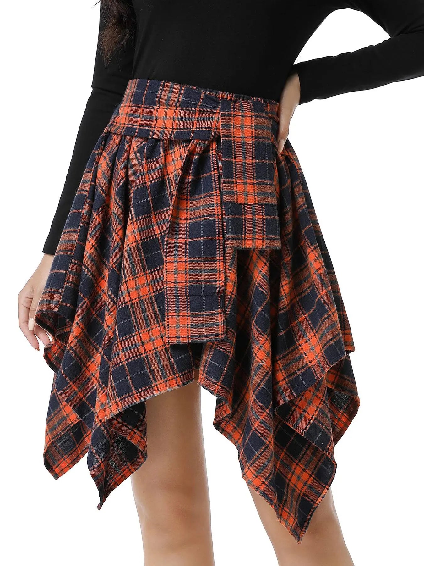 Women's Fashion Woven Plaid Print Asymmetrical Hem High Waisted Skirt