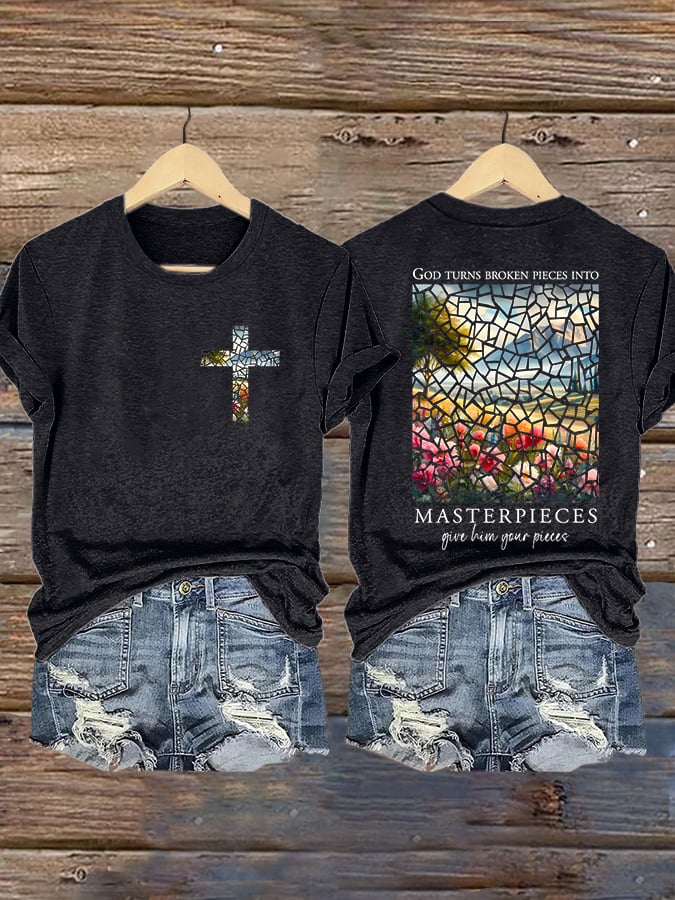 Women'S Casual Faith (God Reshapes Broken Lives Into Masterpieces) Printed Short-Sleeve T-Shirt