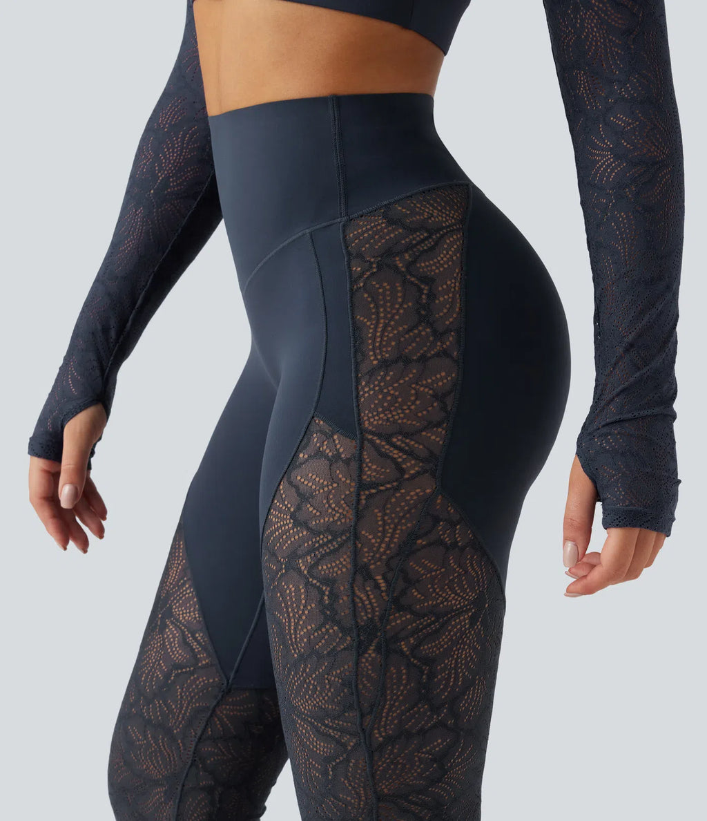 UltraSculptTM High Waisted Tummy Control Contrast Lace Yoga Flare Leggings with Pocket