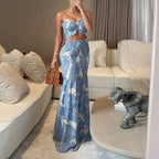 ChicMe Women's Tropical Floral Print Smocked Maxi Dress Ruched Bandeau Cutout Summer Vacation Dress Elegant Shirred Ruffle Hem Mermaid Beach Dress/Seaside Vacation Sleeveless Skirt