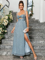 Elegant Women's Long Dress, Feminine Sleeveless Thin Strap Crop Top Design, Ruched Cross Back Style, Spring Summer Lightweight Fabric, Fashionable Chic Comfort Fit