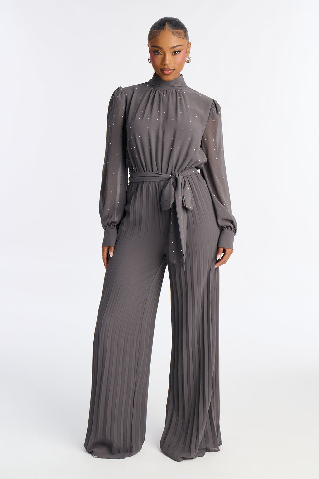 Monica Embellished Mock Neck Wide Leg Jumpsuit - Grey