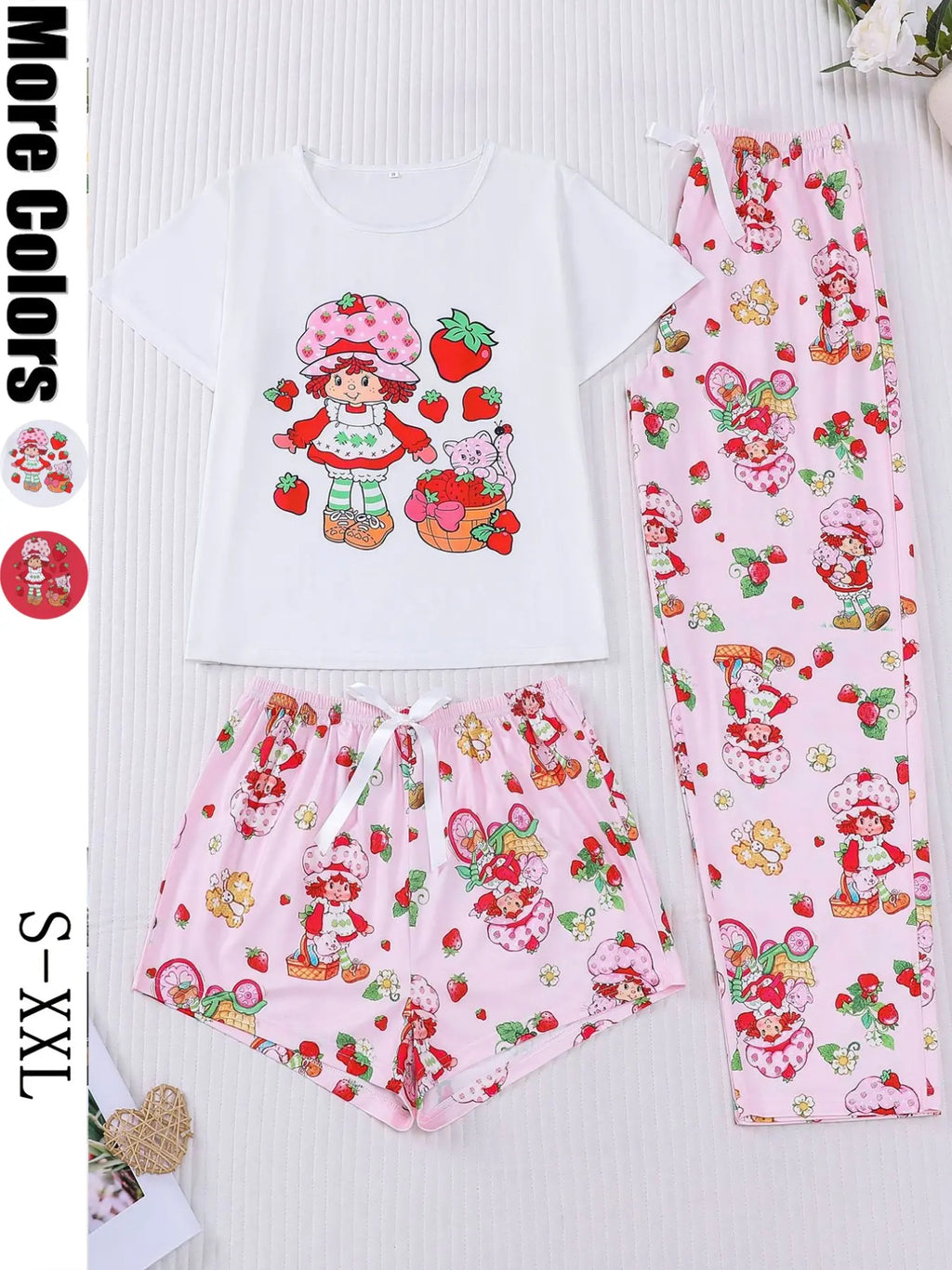 Women's Casual Cute Strawberry Print 3 Piece Pajama Set