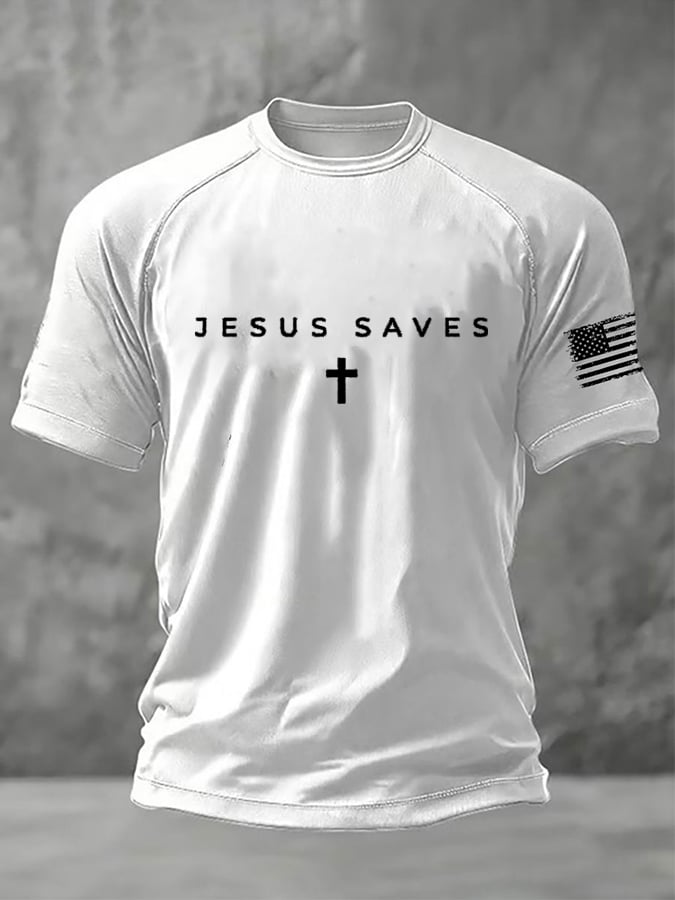Men's Jesus Saves Faith Print Round Neck T-Shirt