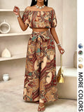 Women's Summer Paisley Print Vintage Vacation Two-Piece Set, Off-Shoulder Bubble Sleeve Crop Top + High Waist Drawstring Wide Leg Pants