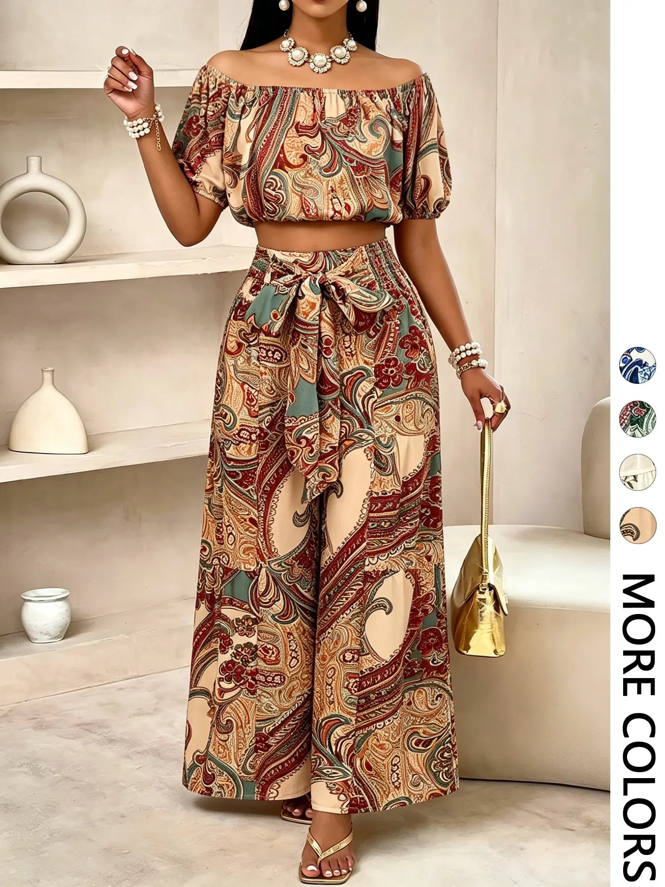 Women's Summer Paisley Print Vintage Vacation Two-Piece Set, Off-Shoulder Bubble Sleeve Crop Top + High Waist Drawstring Wide Leg Pants