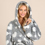 OHS Heart Print Teddy Marl Dressing Gown, Adults - Black