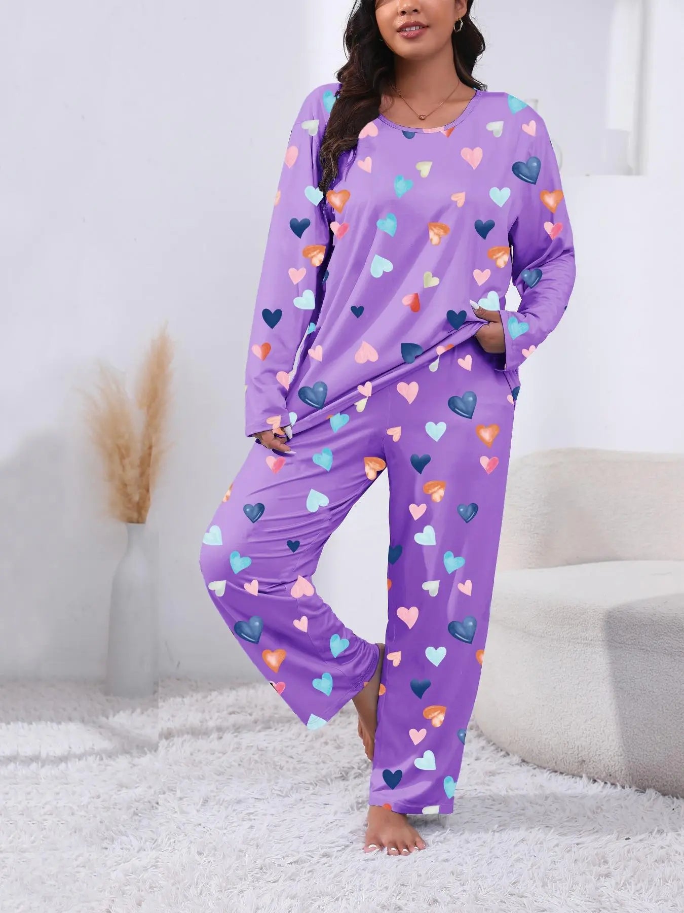 Plus Size Heart Print Pyjama Lounge Set for Women