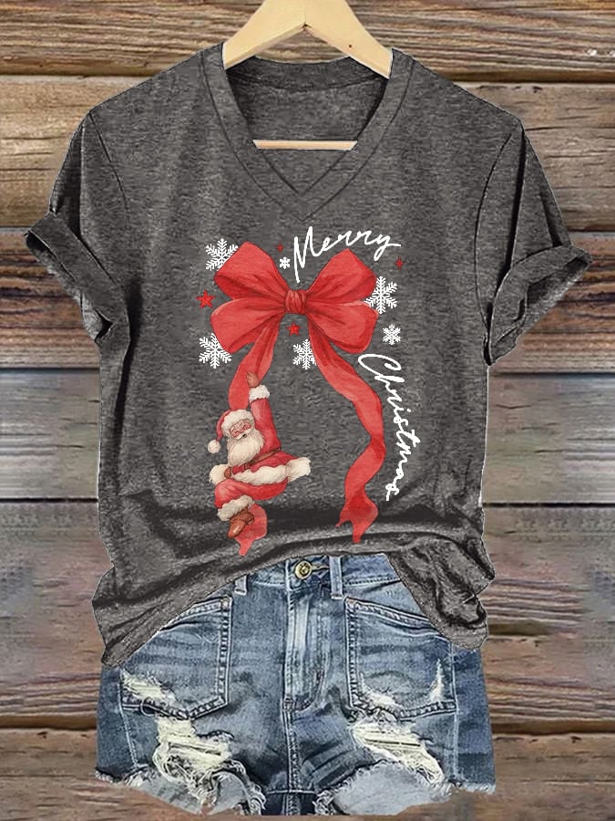 V-Neck Retro Merry Christmas Bow Santa Claus Snowflakes Print T-Shirt