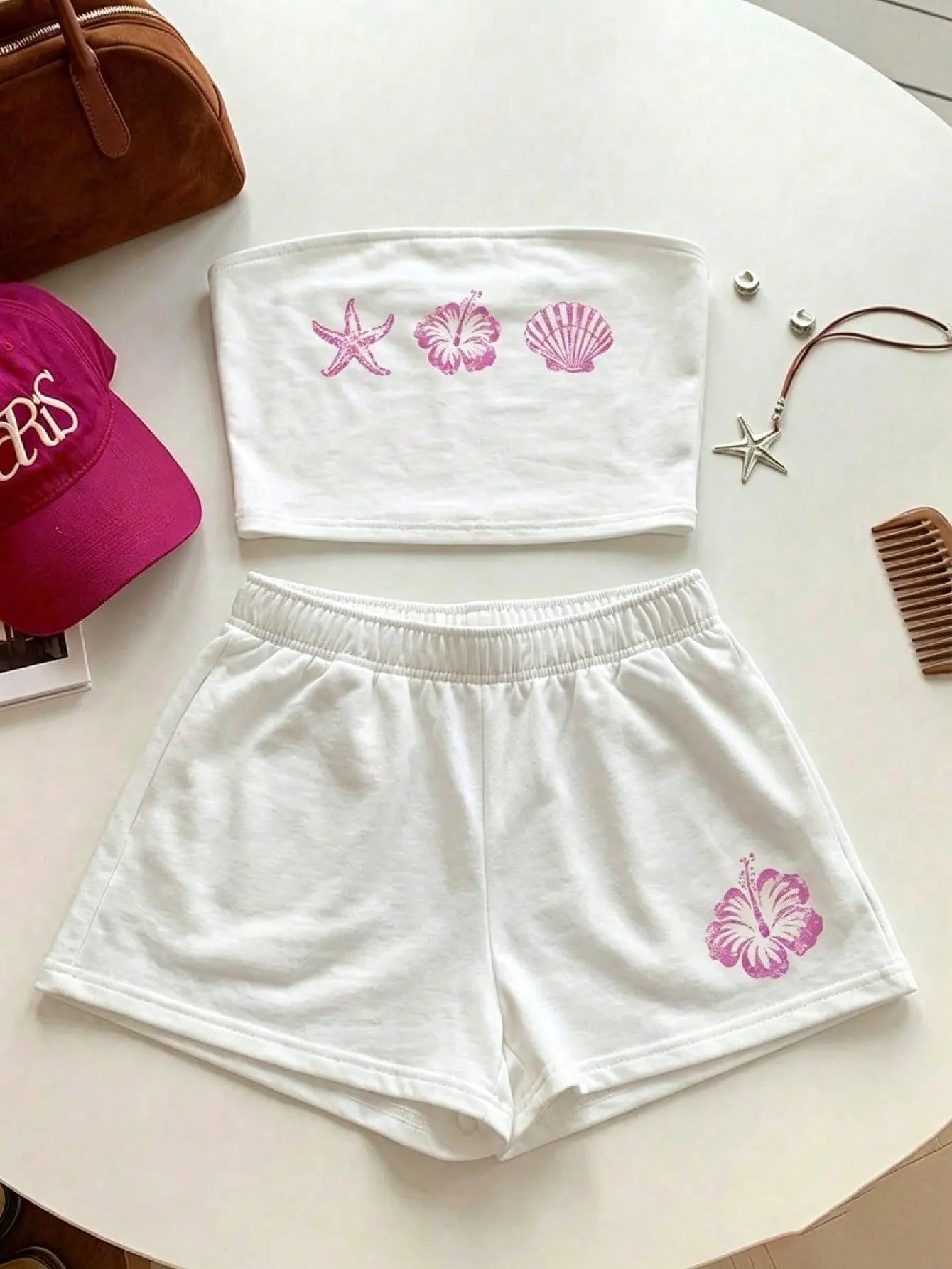 Comfortcana Women Summer Outfit,Pink And White Striped Tube Top & Shorts 2-Piece Set,Cute Casual Minimalist Everyday Versatile Resort Beach Outfit For Ladies