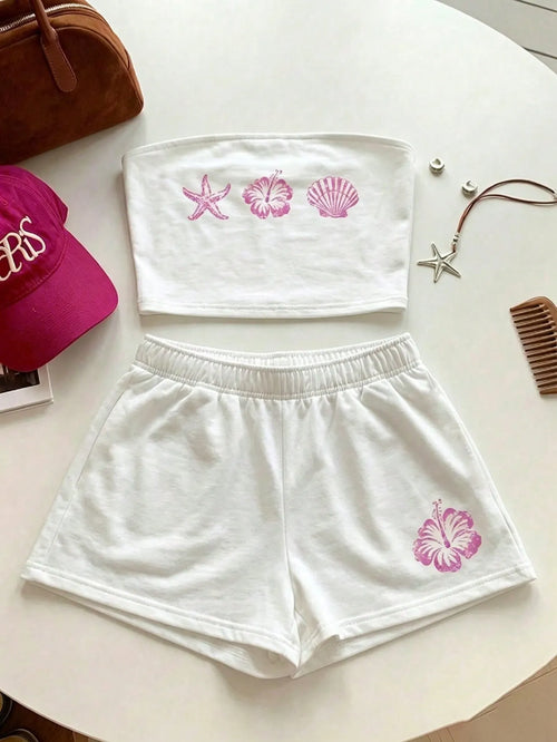 Comfortcana Women Summer Outfit,Pink And White Striped Tube Top & Shorts 2-Piece Set,Cute Casual Minimalist Everyday Versatile Resort Beach Outfit For Ladies