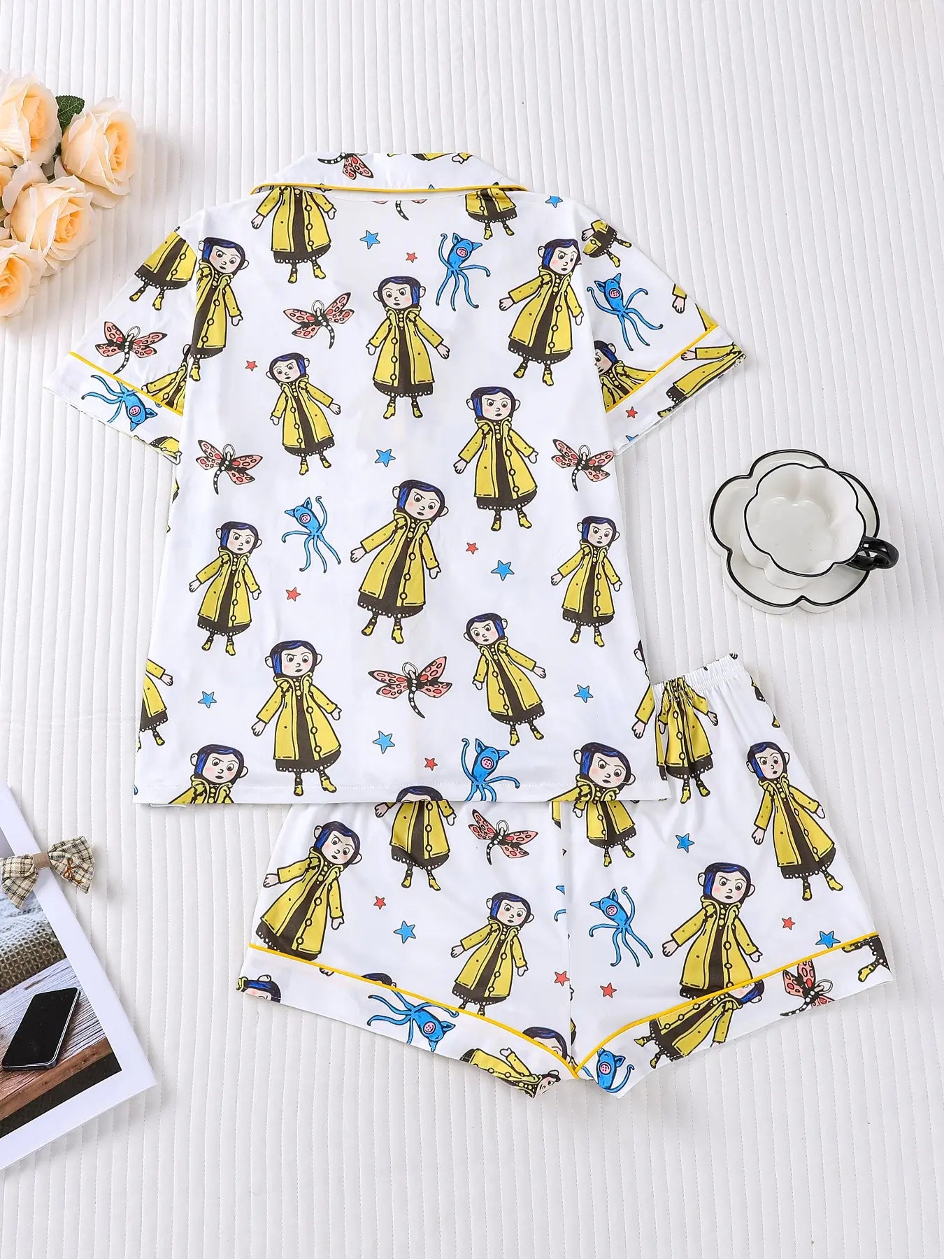 Women's Monkey Print Pajama Set, Short Sleeve Button Front Top & Elastic Shorts