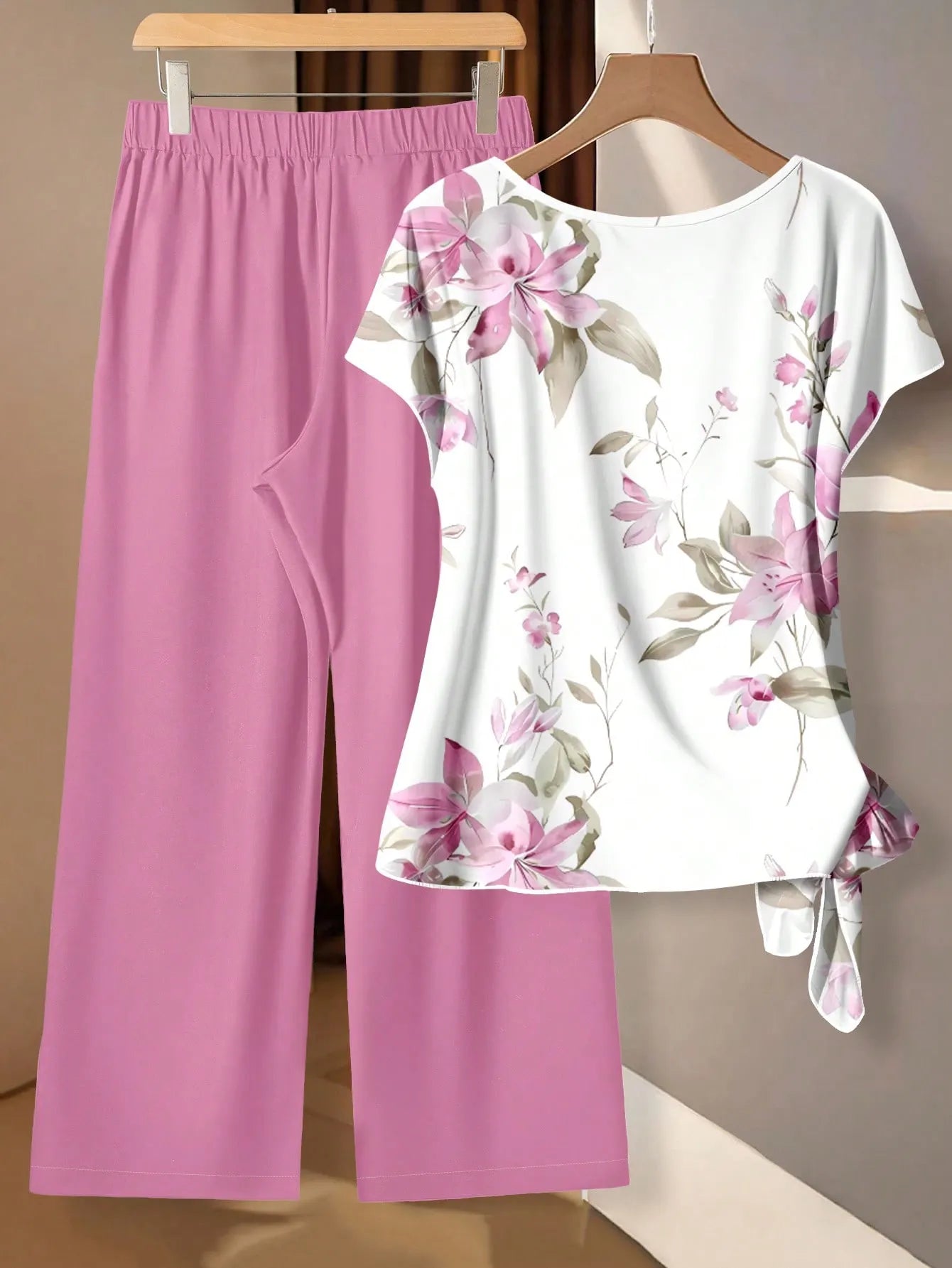 Women's Tie Bow Blouse And Loose Straight Leg Pants 2 Pieces Set,Casual Tropical,Summer Outfits For Women Vacation White Floral Light Yellow
