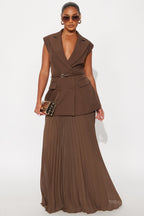 Aria Belted Blazer Pleated Maxi Skirt Set - Black