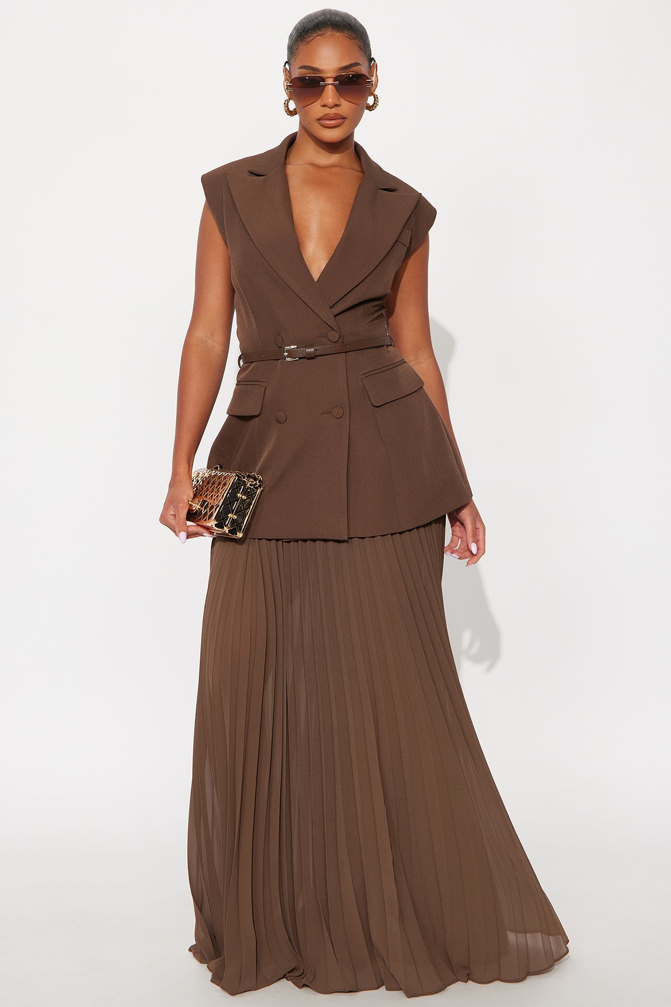 Aria Belted Blazer Pleated Maxi Skirt Set - Black
