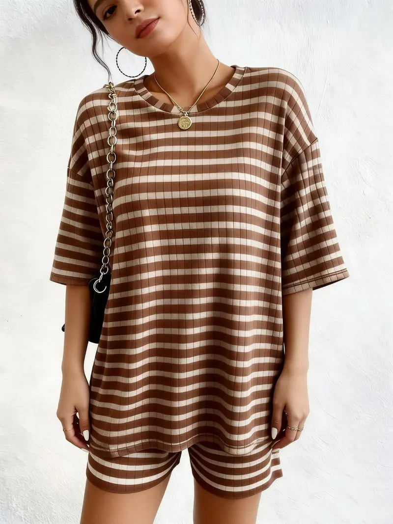 Women's Casual Loose Oversized Striped Set, Summer Short Sleeve Tee & Shorts, Airport Outfit, Home Wear, Sportswear, Fashionable Women's Clothing, Summer Lounge Sets