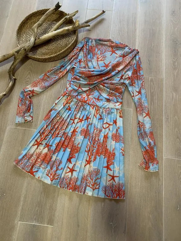 Women's Leaf Print Long Sleeve Round Neck Wrap Mini Midi Dress, Fitted elegant dress, Front Pleated Party Birthday Dress, Romantic Vacation Style 2026 Cocktail Dresses, Dressy Fashion Dinner Parties Dress, Streetwear Beach Dress