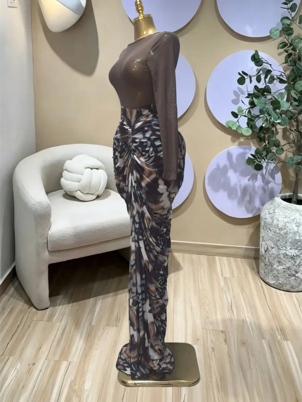 Women's Casual Wear Chic Elegant Tie-Dye, Striped, Patchwork, Printed Ruched Pleats Bodycon Fitted Midi Dress, Fall Winter Vacation Party, O-neck Elastic, Holiday Beach Dress Womenswear Maxi