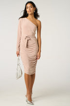 One Shoulder Ruched Slinky Midi Dress