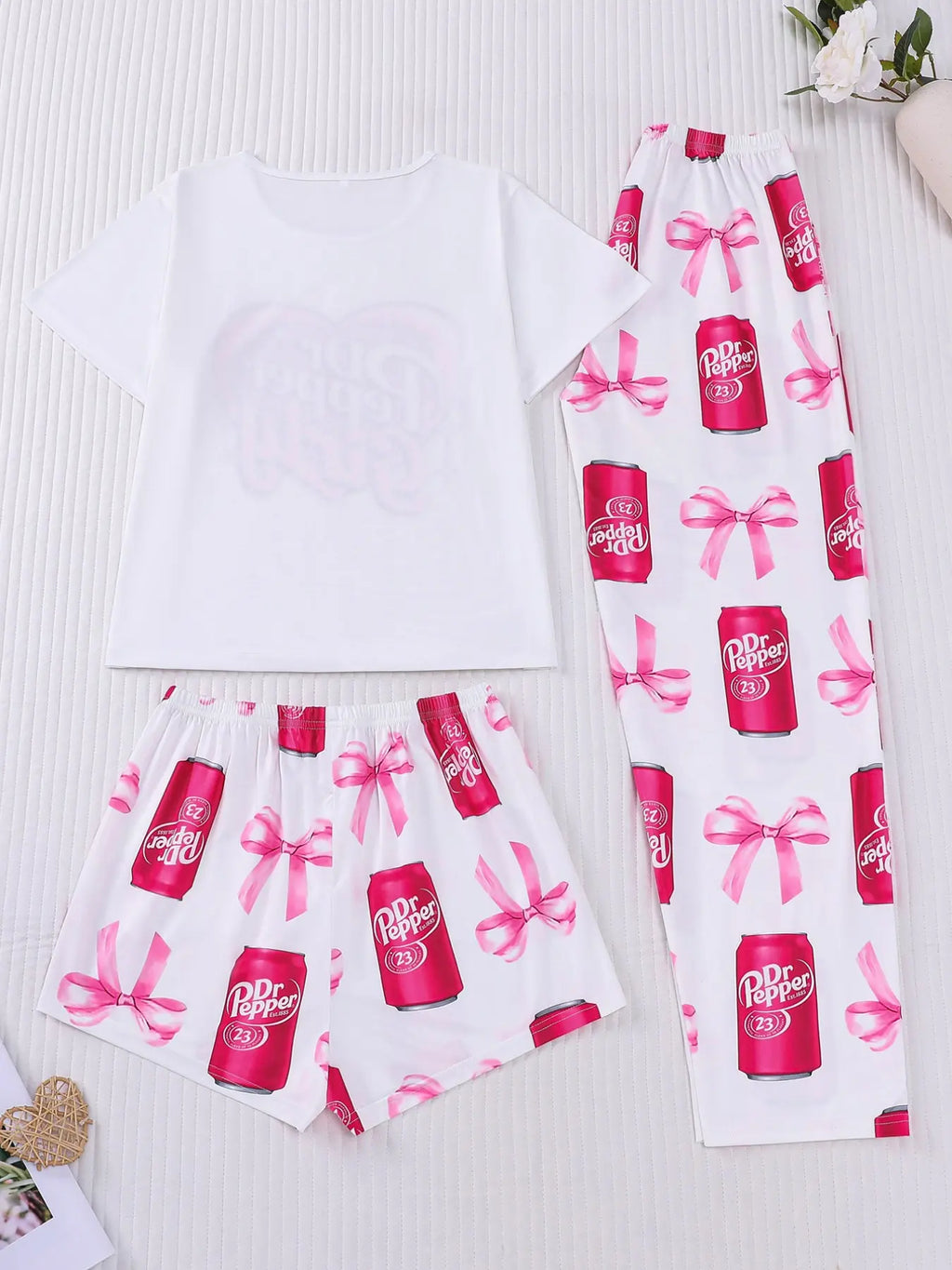 3-Piece Casual Sleepwear Set Pajamas Loungewear for Women Lady with Bow Print
