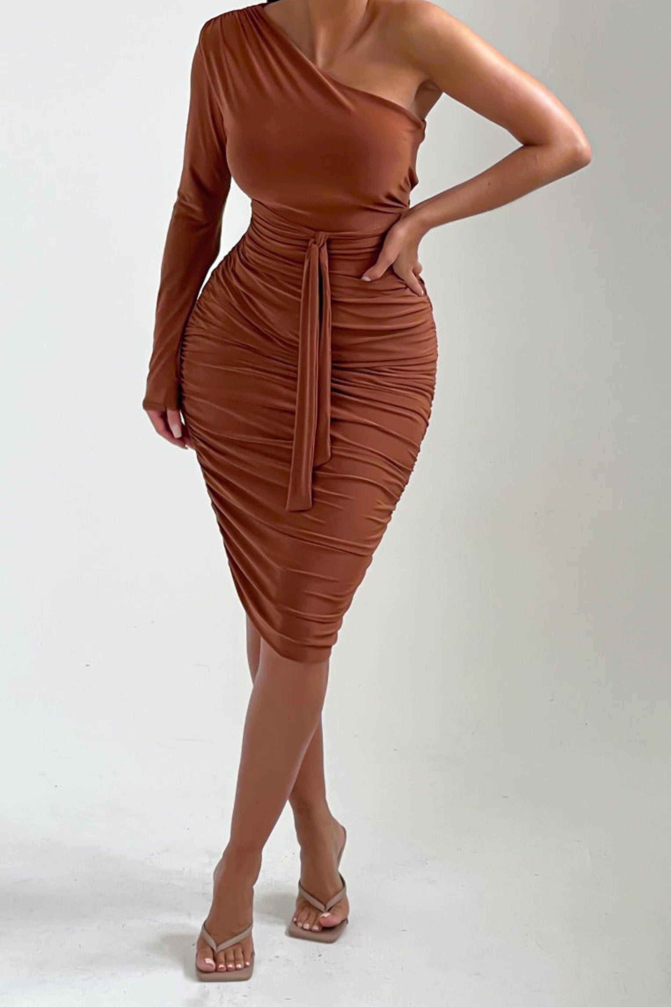 One Shoulder Ruched Slinky Midi Dress