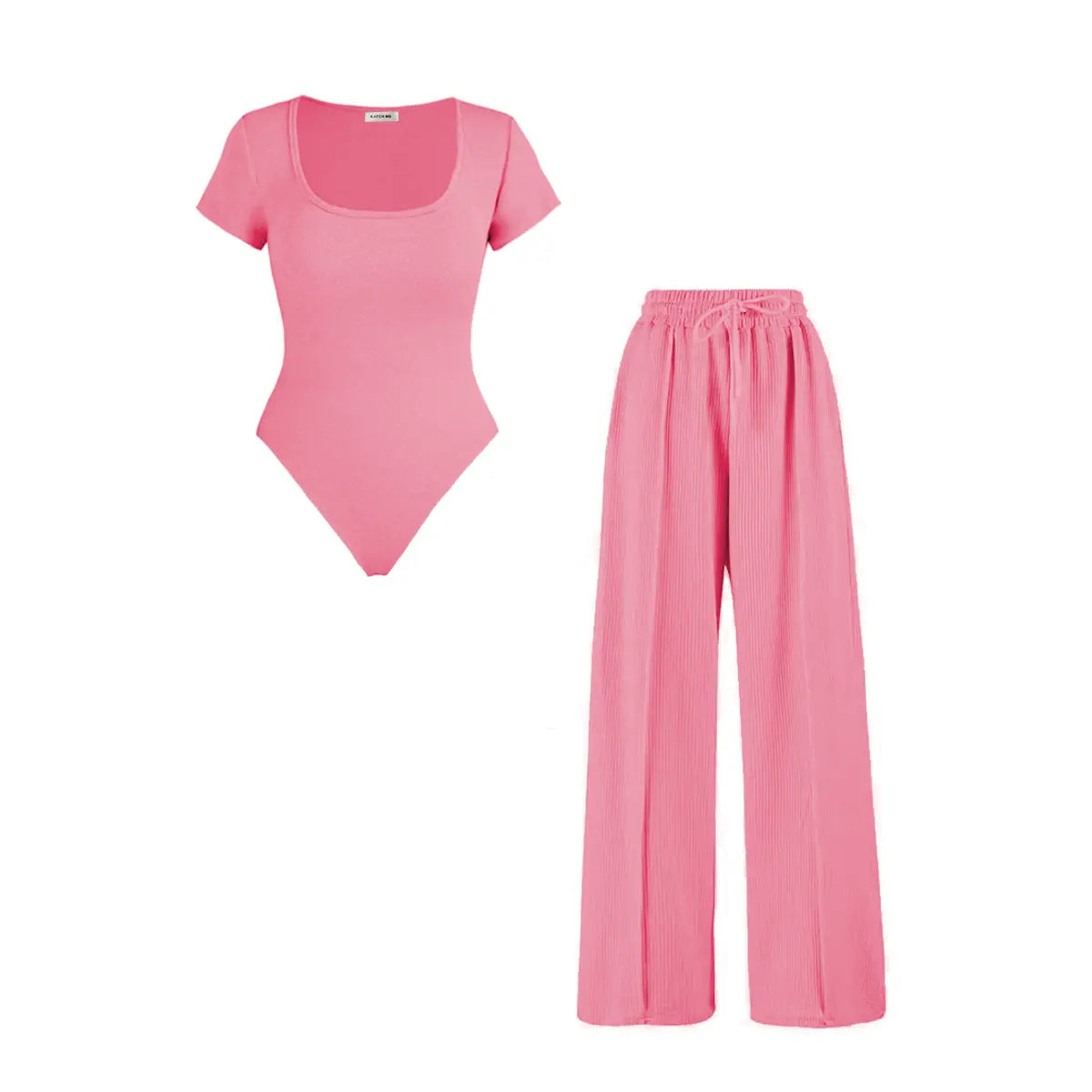 Women's Trendy Square Neck Shaping Bodysuit & High Waist Wide Leg Pockets Trousers Co-ord,Short Sleeve Shapewear,Two-Piece Outfit for Womenswear
