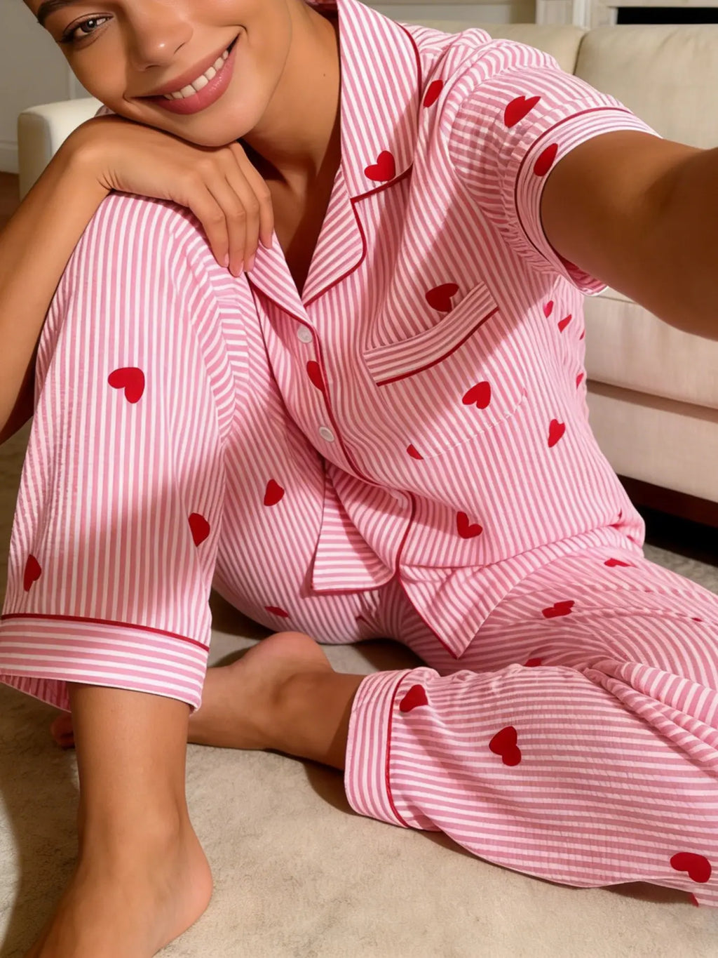 Women's Short Sleeve Long Pants Cardigan Pajama Set