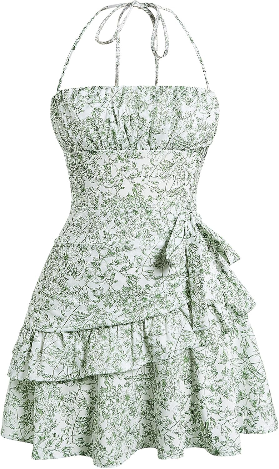 Floerns Women's Floral Halter Ruffle Tiered Cute Summer Mini Dress Milkmaid Vacation Sundress