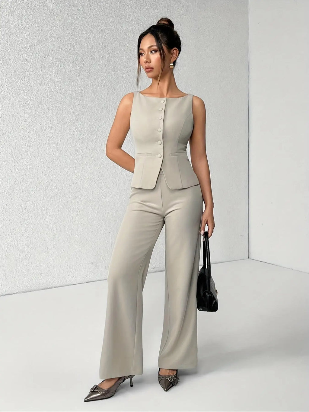 Women's Solid Button Front Sleeveless Tank Top & Wide Leg Pants Set, Casual Elegant Chic Minimalist Fashion Two-piece Set for Summer, Women's Clothing for Daily Wear, Suits, Office Siren Outfits, Casual Matching Set, Corporate Outfits Women