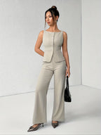 Women's Solid Button Front Sleeveless Tank Top & Wide Leg Pants Set, Casual Elegant Chic Minimalist Fashion Two-piece Set for Summer, Women's Clothing for Daily Wear, Suits, Office Siren Outfits, Casual Matching Set, Corporate Outfits Women