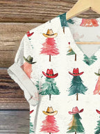 V-Neck Retro Texas Cowboy Christmas Tree Print T-Shirt