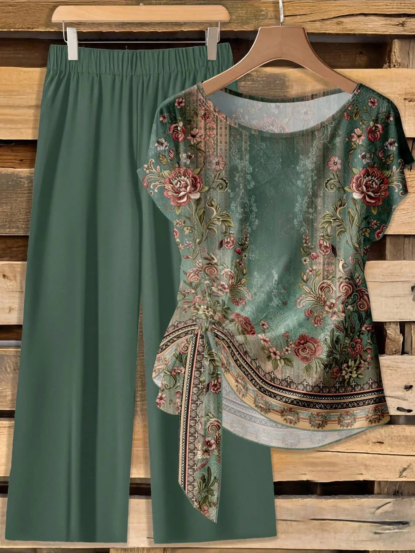 Women's Casual Printed Necktie Shirt and Loose Straight Pants Set, Perfect for Spring and Summer, Comfortable Two-Piece