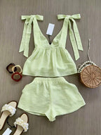 Spring/Summer Women's Fashion Set, Sleeveless Top With Elegant Tie Design, Strappy Shorts Vacation Set, Daily Casual Wear