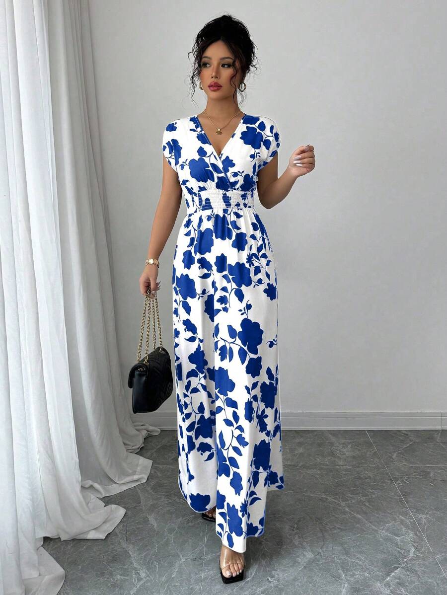 Elenzga Women V-Neck Allover Print Casual Long Dress