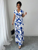 Elenzga Women V-Neck Allover Print Casual Long Dress