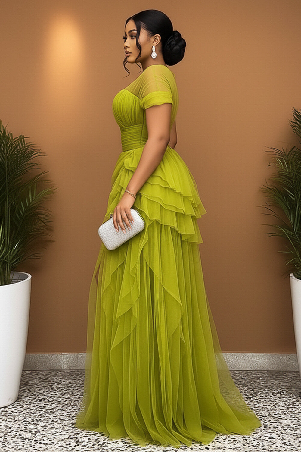Short Sleeve Cinch Waist High Slit Tulle Gowns Maxi Dresses-Green [Pre Order]