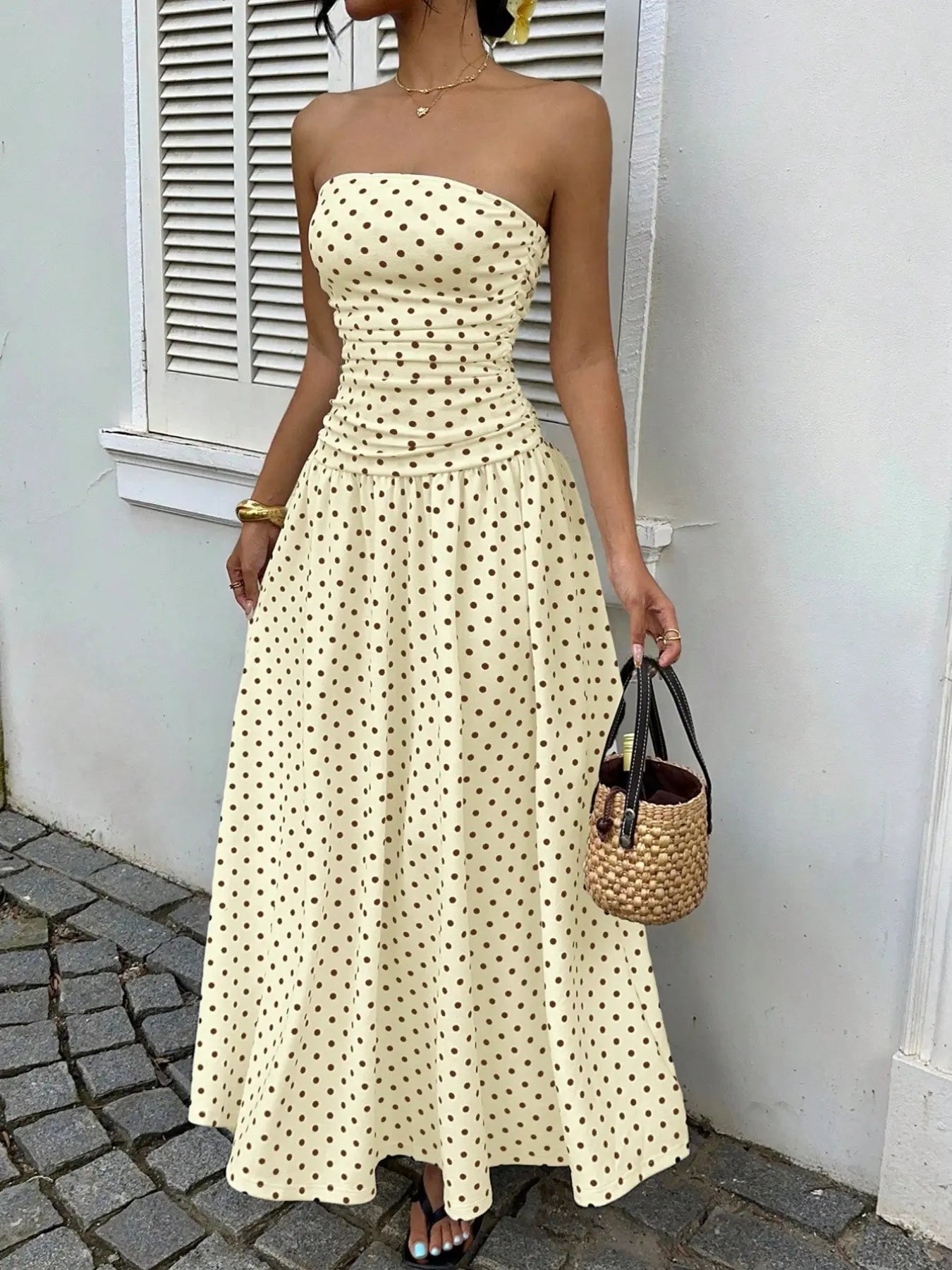Women's Elegant Polka Dot Strapless Maxi Dress for Parties
