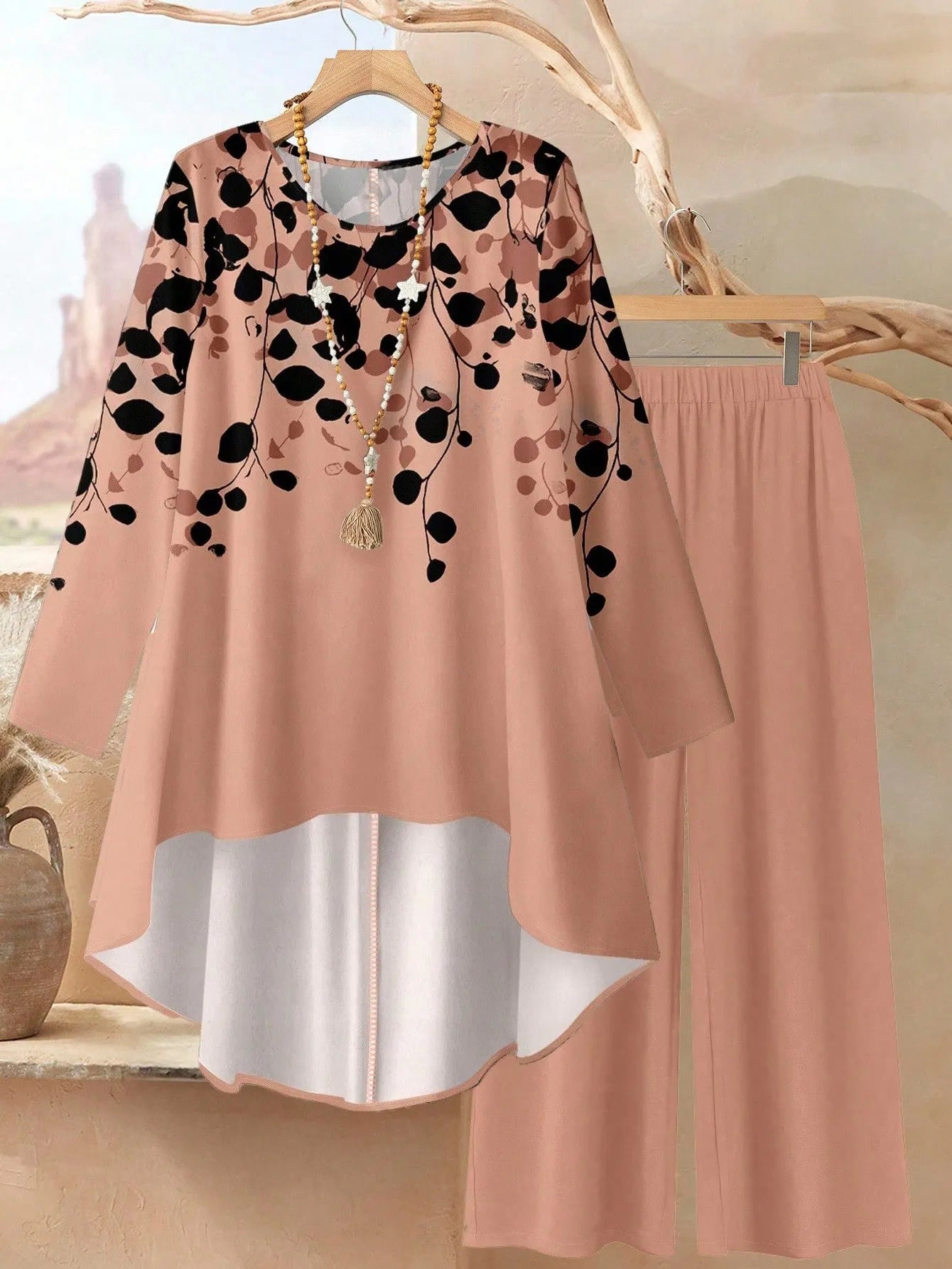 Women 2pcs Set White And Blue Navy Blue Floral Printed Top And Flowing Wide-Leg Pants Autumn Casual Elegant Tea Party Travel Vacation Work Outfits
