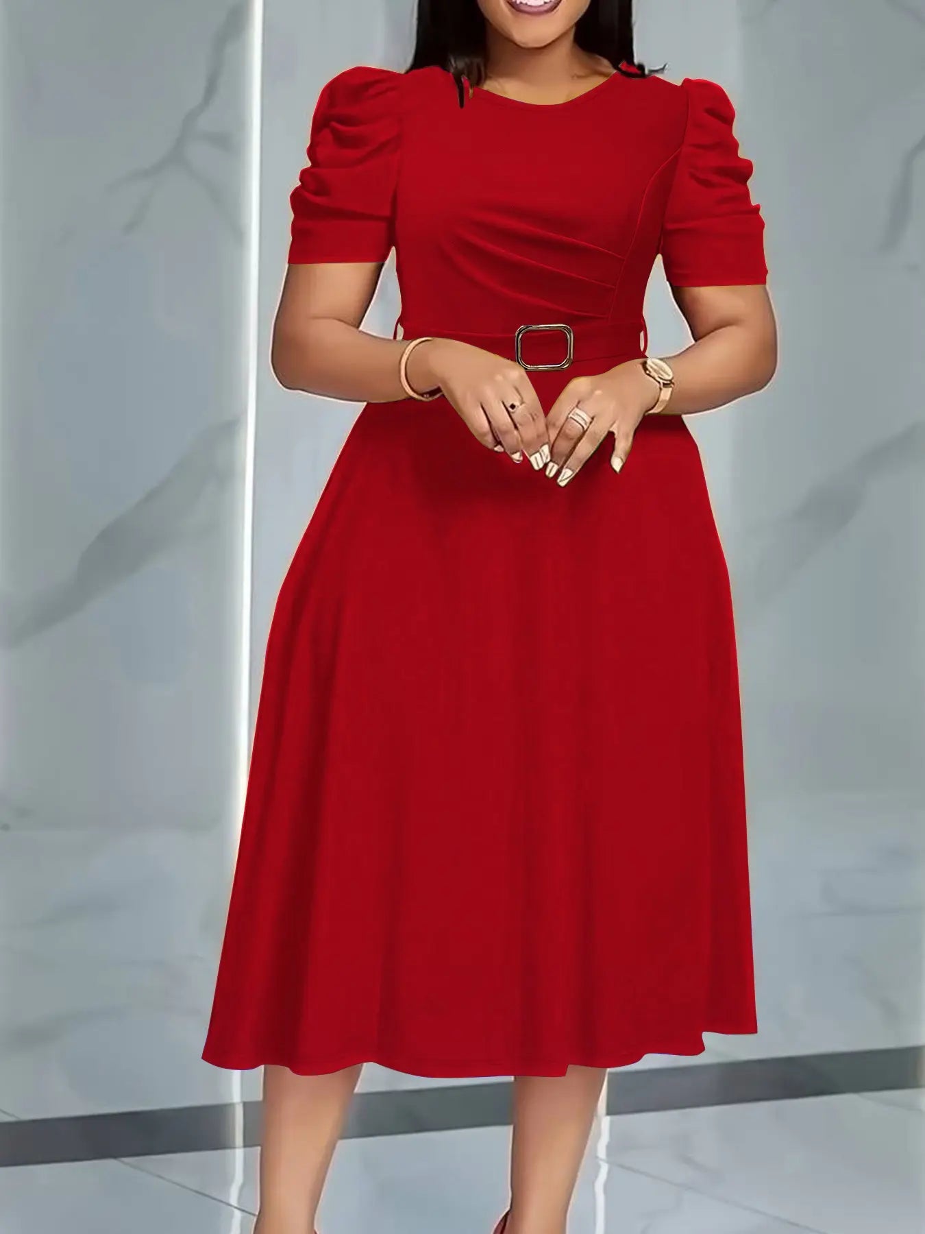 Summer Camel Bubble Sleeve Midi Dress with Waist Belt