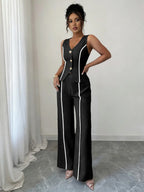 Colorblock V-Neck Sleeveless Button Vest Set Suits with Wide Leg Pants, Spring & Fall Fashion, Minimalist, Slim Fit, Plain Pattern, Natural Waist, Womenswear