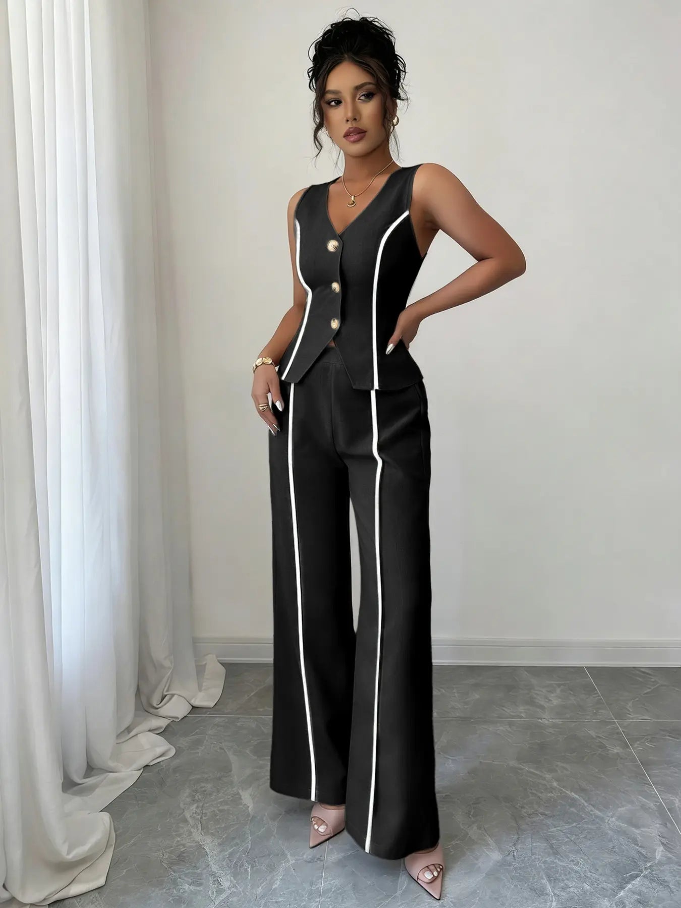 Colorblock V-Neck Sleeveless Button Vest Set Suits with Wide Leg Pants, Spring & Fall Fashion, Minimalist, Slim Fit, Plain Pattern, Natural Waist, Womenswear