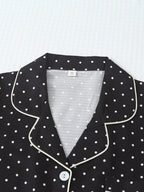 2pcs/Set Women's Mini Polka Dot Printed Pajama Set With Contrast Trim Button-Down Shirt And Bowknot Shorts, Perfect For Home Wear In Summer White Set,Two Pieces Set