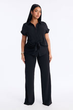 Makela Tie Front Wide Leg Pant Set - Black