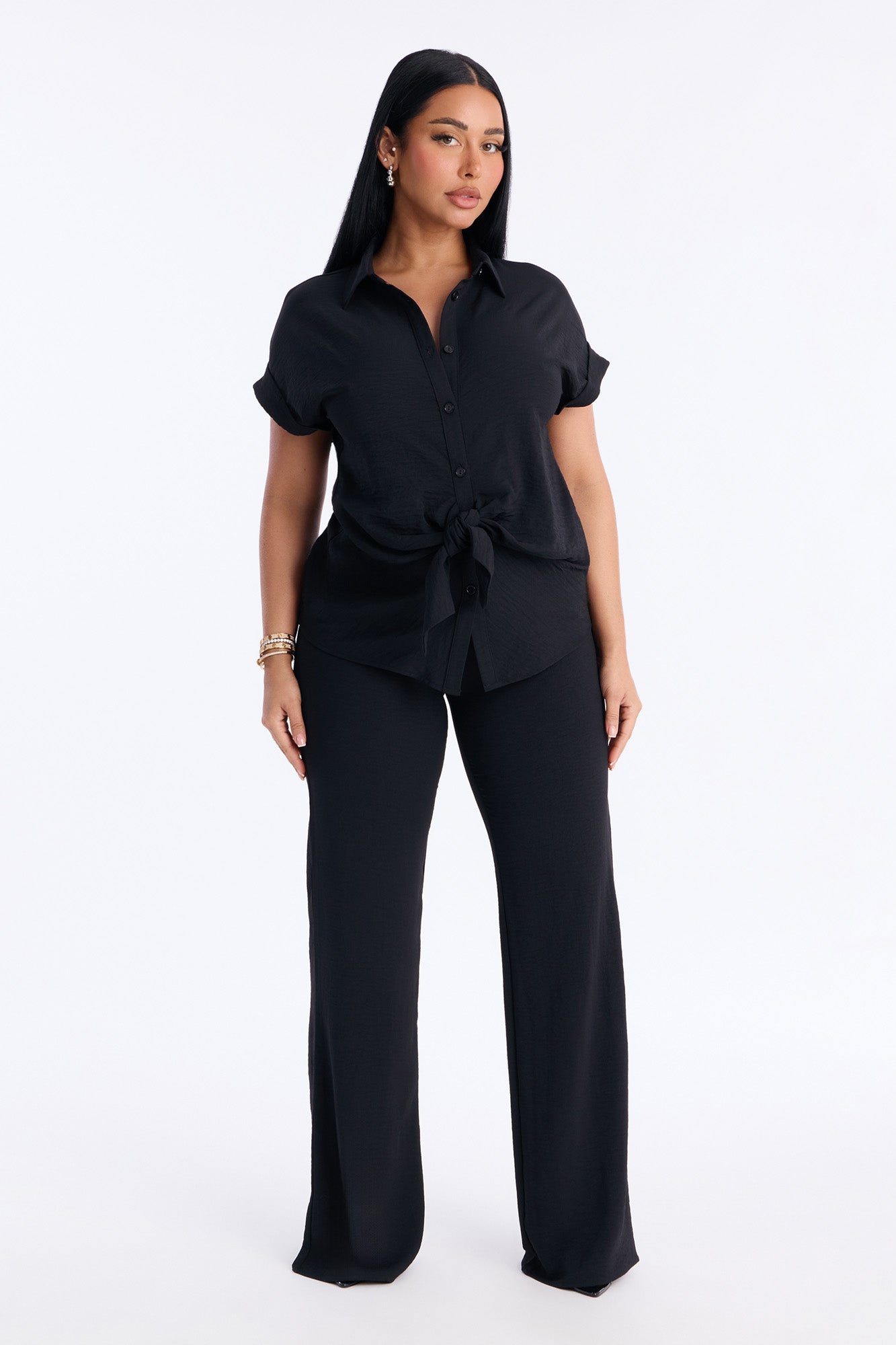 Makela Tie Front Wide Leg Pant Set - Black
